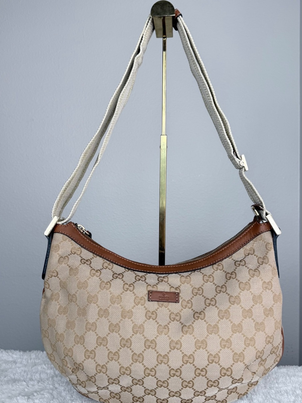 Gucci Beige GG Canvas Hobo Bag with Brown Leather Trim